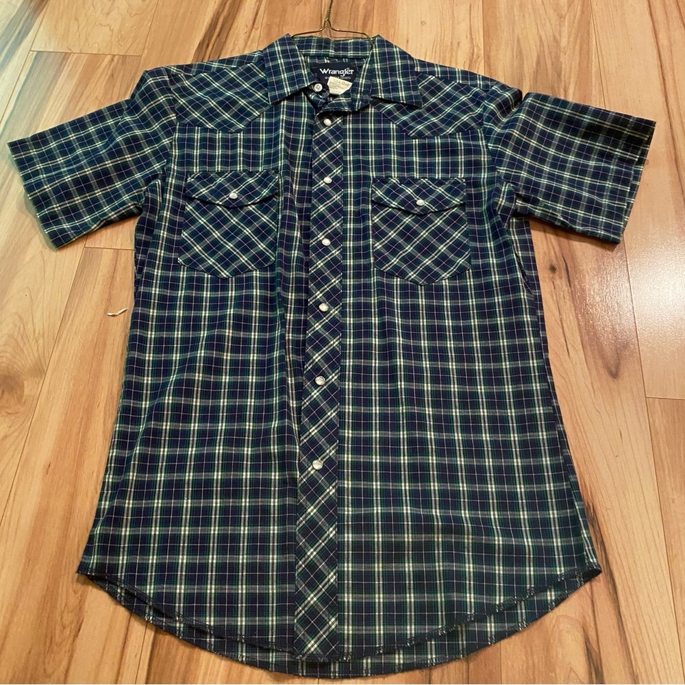 Wrangler Green and Blue Plaid Short-Sleeve Pearl Snap Shirt—S
